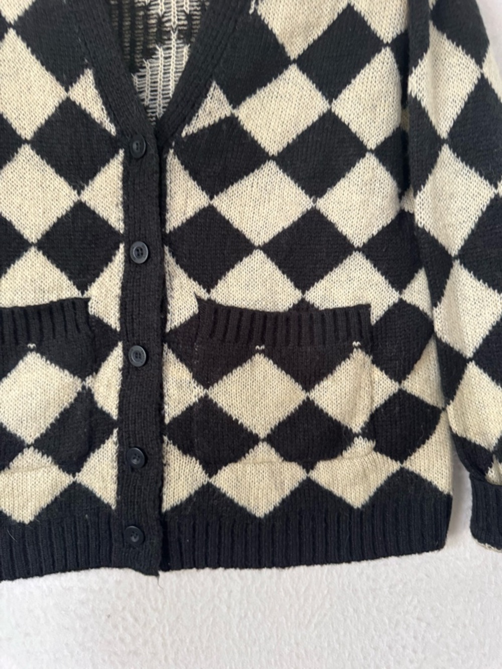 Brixton Black Cream Argyle Cardigan Sweater Button Front Cozy S - Picture 5 of 7